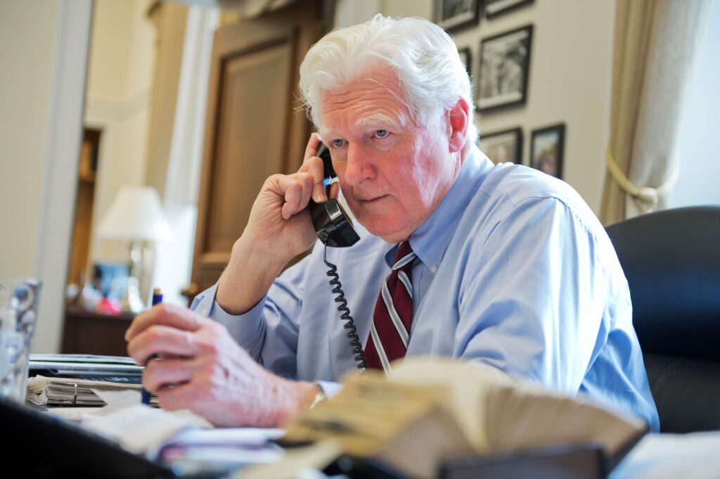 Rep. Jim Moran, D-Va., talks on the phone in his Rayburn office on Jan. 15, 2014, the day he announced his retirement from Congress. (Tom Williams/CQ Roll Call)